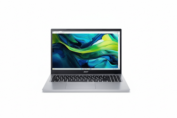 An Acer laptop with a colorful abstract background on its screen, presented against a clean white background.