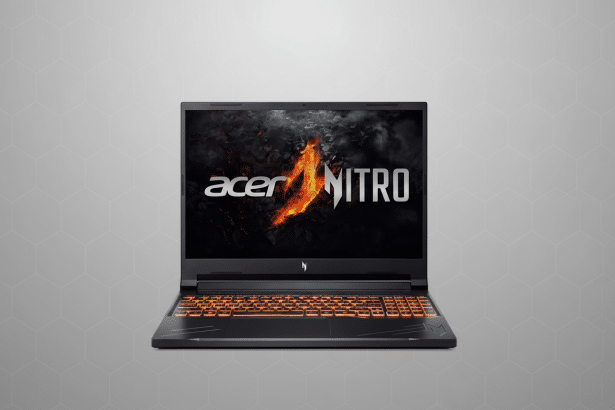 Acer Nitro gaming laptop with an orange backlit keyboard on a gray background with subtle geometric patterns.