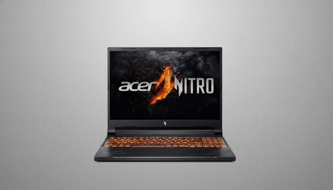 Acer Nitro gaming laptop with an orange backlit keyboard on a gray background with subtle geometric patterns.