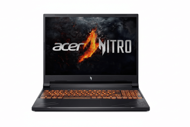 An Acer Nitro gaming laptop with an illuminated orange keyboard and a screen displaying the acer NITRO logo with a fiery graphic.