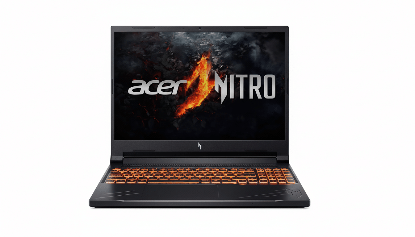 An Acer Nitro gaming laptop with an illuminated orange keyboard and a screen displaying the acer NITRO logo with a fiery graphic.