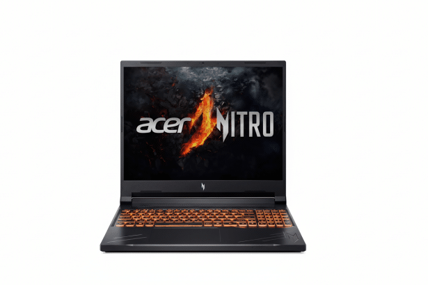 An Acer Nitro gaming laptop with an orange backlit keyboard and the Acer Nitro logo displayed on the screen, presented on a white background .