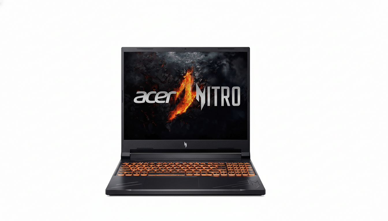 An Acer Nitro gaming laptop with an orange backlit keyboard and the Acer Nitro logo displayed on the screen, presented on a white background .