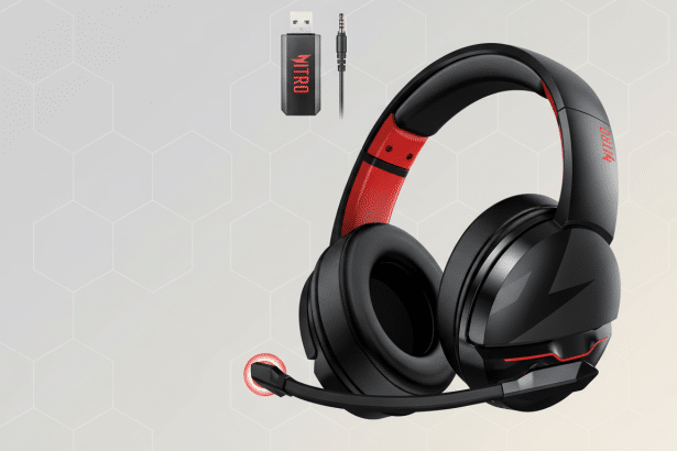 Black and red gaming headphones with a detachable microphone, alongside a USB dongle and an audio jack, set against a subtle gray and white hexagonal pattern background. Filename : gaming headphonesprofessional . png