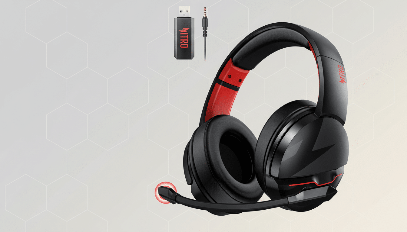 Black and red gaming headphones with a detachable microphone, alongside a USB dongle and an audio jack, set against a subtle gray and white hexagonal pattern background. Filename : gaming headphonesprofessional . png