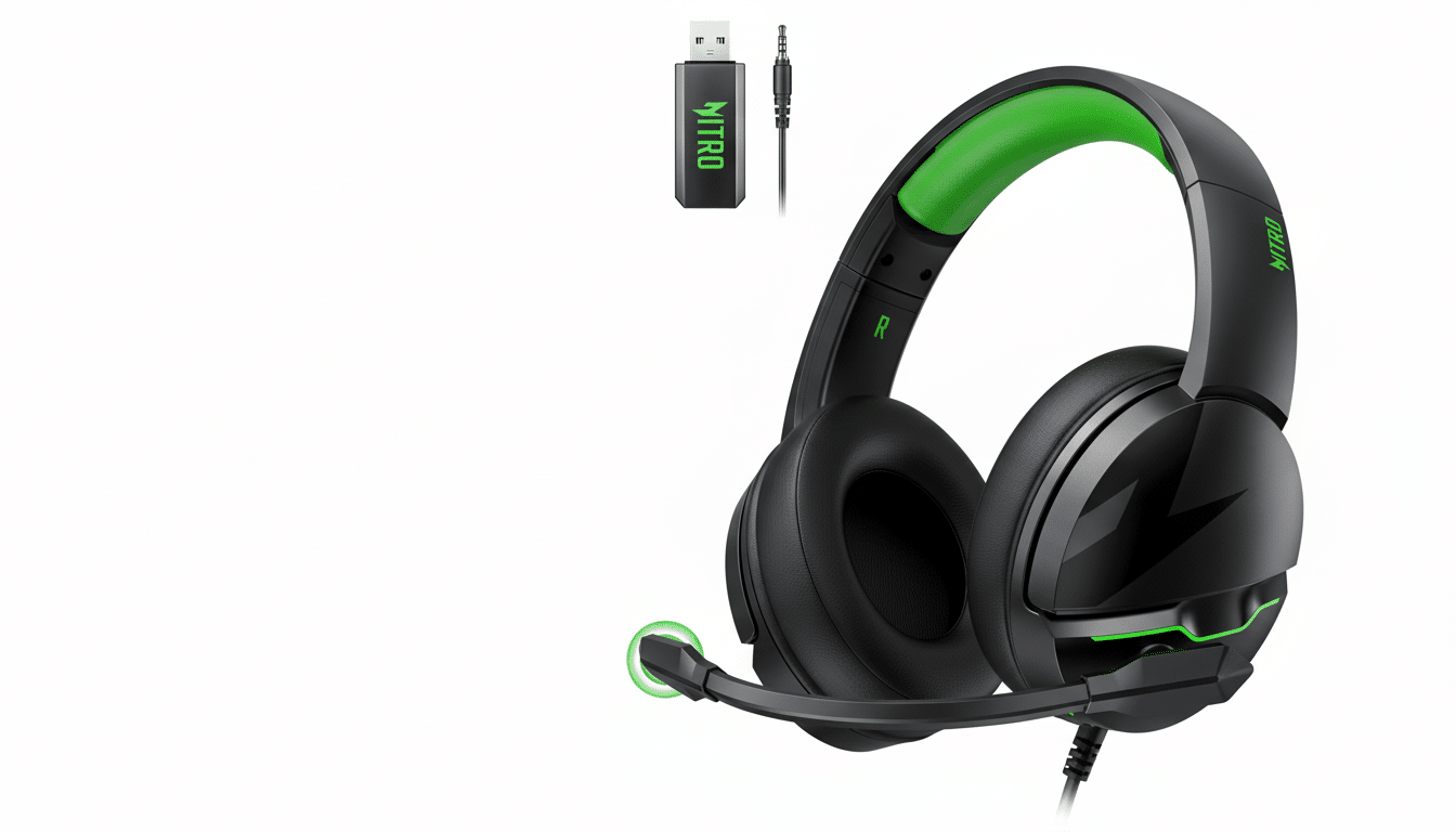Black and green gaming headphones with a detachable microphone, alongside a USB dongle and an audio jack, presented on a clean white background.
