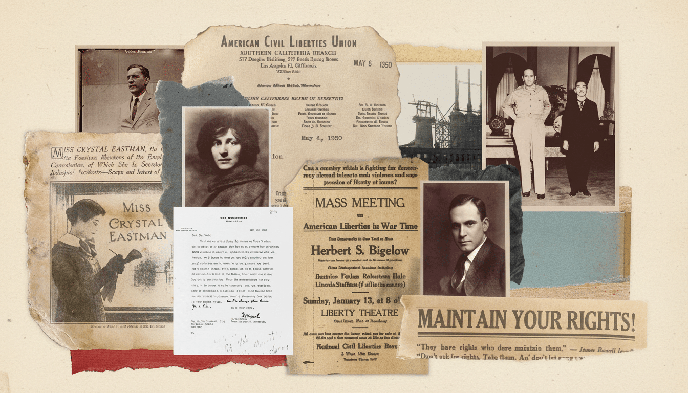 A collage of historical documents and photographs related to the American Civil Liberties Union ( ACLU) and civil rights in the mid-2 0th century, including notices , letters, and images of individuals.