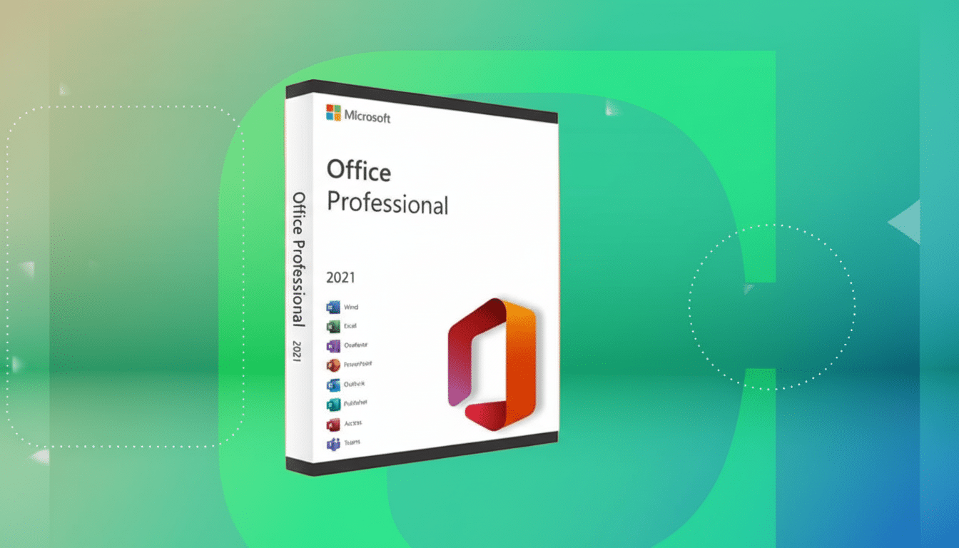 A 16:9 aspect ratio image of the Microsoft Office Professional 202 1 box, presented against a professional flat design background with soft green and blue gradients and subtle geometric patterns. The box remains the central focus , showcasing the product name and included applications .