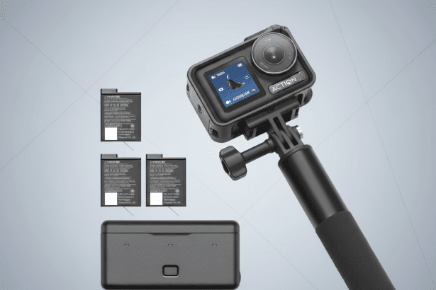 A professional action camera with a selfie stick and three batteries and a charging case , all against a professional flat design background with a subtle geometric pattern. Filename : actioncamera kit .png
