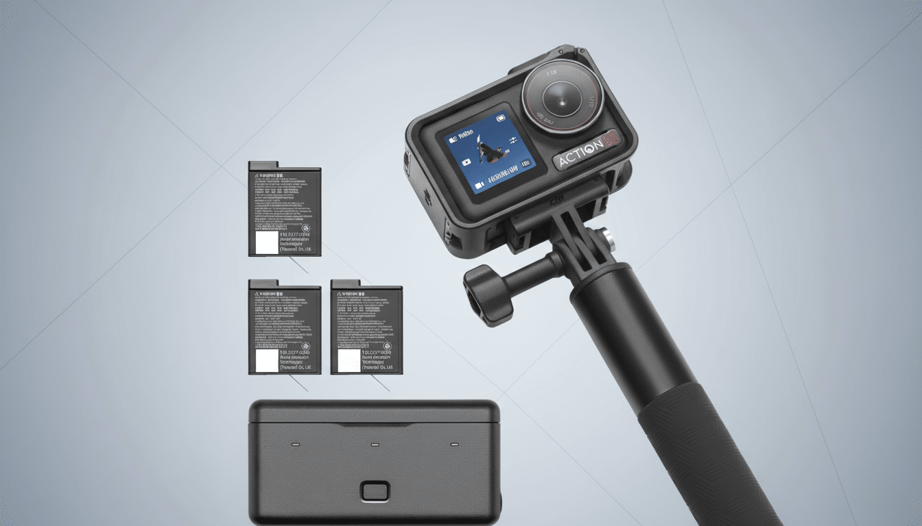 A professional action camera with a selfie stick and three batteries and a charging case , all against a professional flat design background with a subtle geometric pattern. Filename : actioncamera kit .png