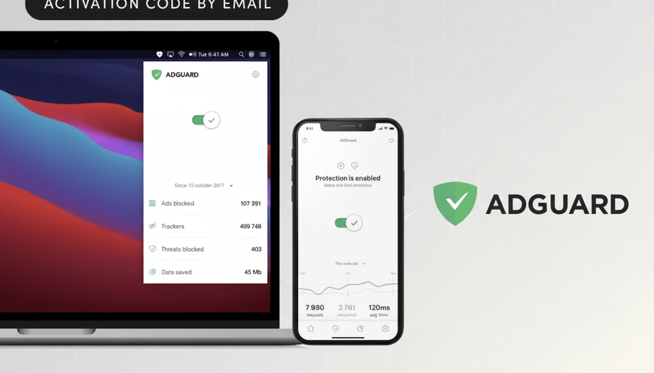 A professional display of AdGuard software on a laptop and mobile phone, alongside the AdGuard logo, set against a light grey background with a subtle hexagonal pattern.