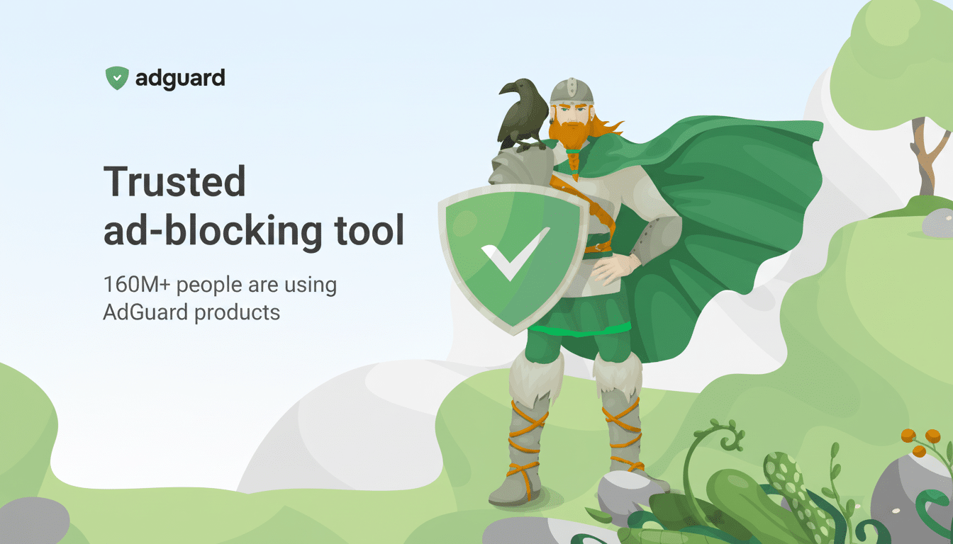 An illustration of a Viking- like character holding a shield with a checkmark, representing a trusted ad- blocking tool.