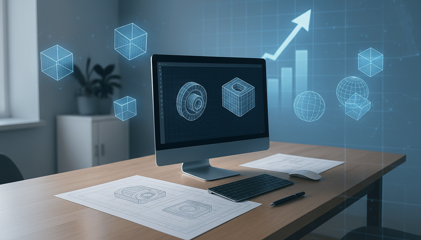 A computer monitor displaying 3D wireframe models, with design blueprints, a keyboard, and a mouse on a wooden desk. The background features abstract blue geometric shapes and an upward-trending arrow graph, all professionally enhanced and resized to a 16:9 aspect ratio.
