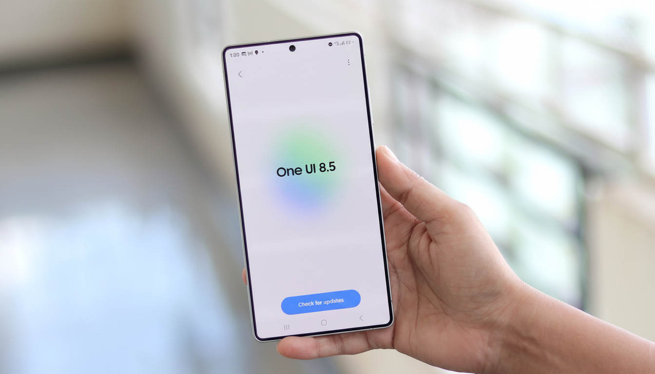A hand holding a smartphone displaying One UI 8.5 and a Check for updates button, with a blurred background.