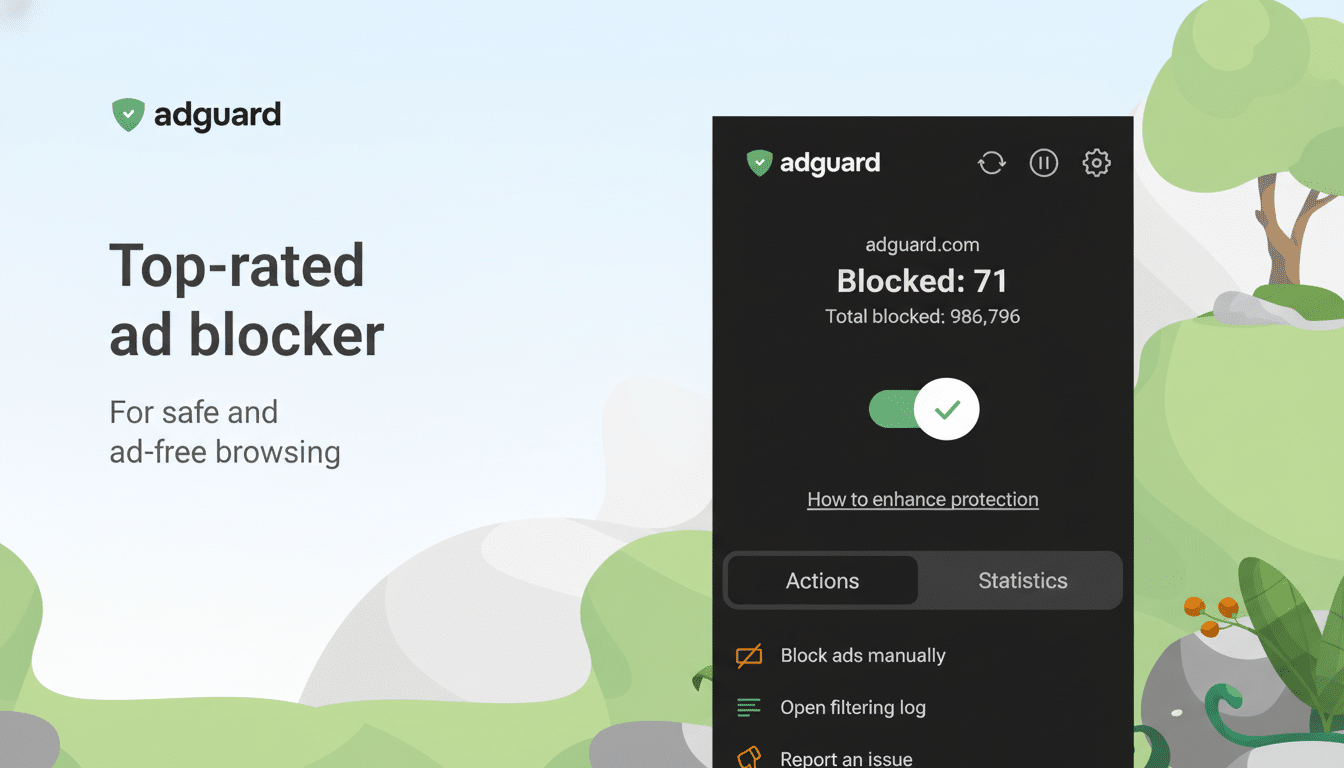 AdGuard ad blocker interface showing  Blocked: 7 1 ads with a green checkmark, presented on a light background with green and gray organic shapes and text  Top-rated ad blocker For safe and ad-free browsing .