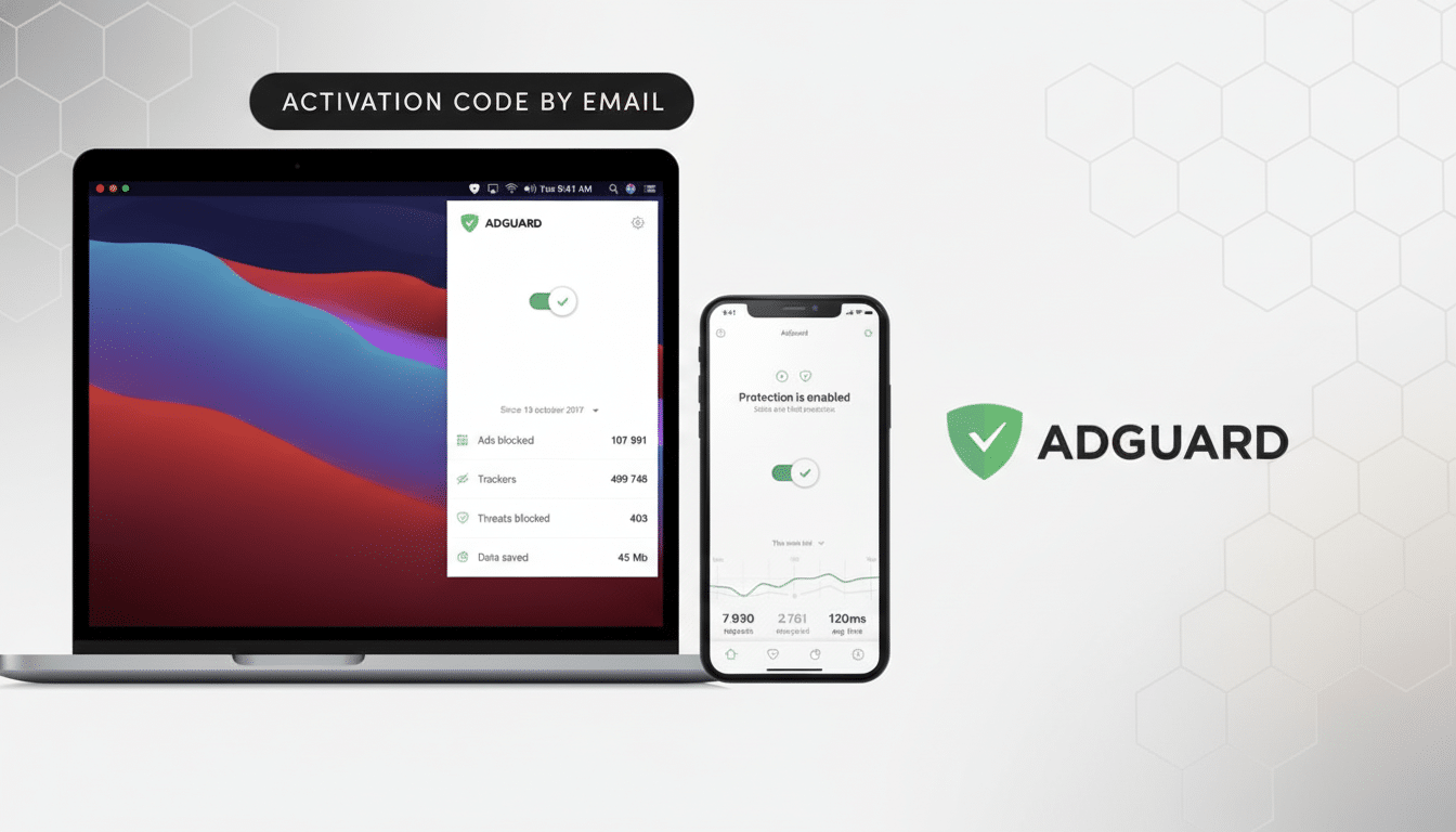 A laptop and a smartphone displaying the AdGuard application , alongside the Ad Guard logo, set against a subtle gray geometric pattern background. Filename : adguard devices logo enhanced.png