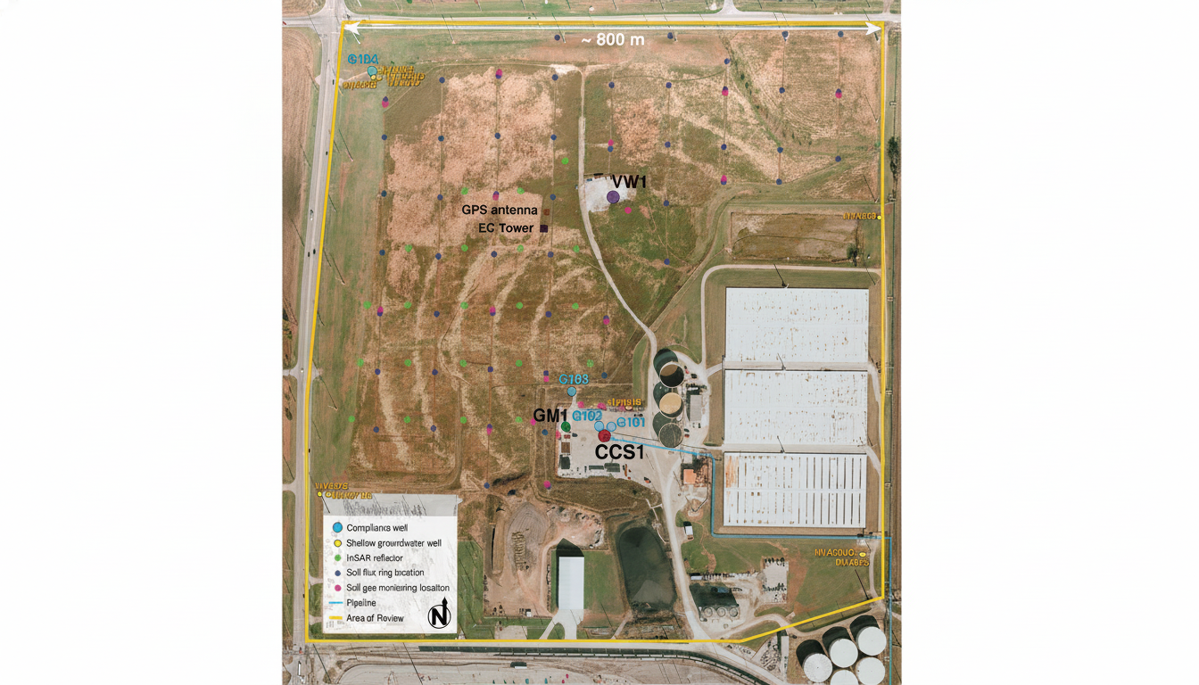An aerial view of a large industrial site with various monitoring wells, GPS antennas, and other equipment marked on a map. The site is surrounded by an