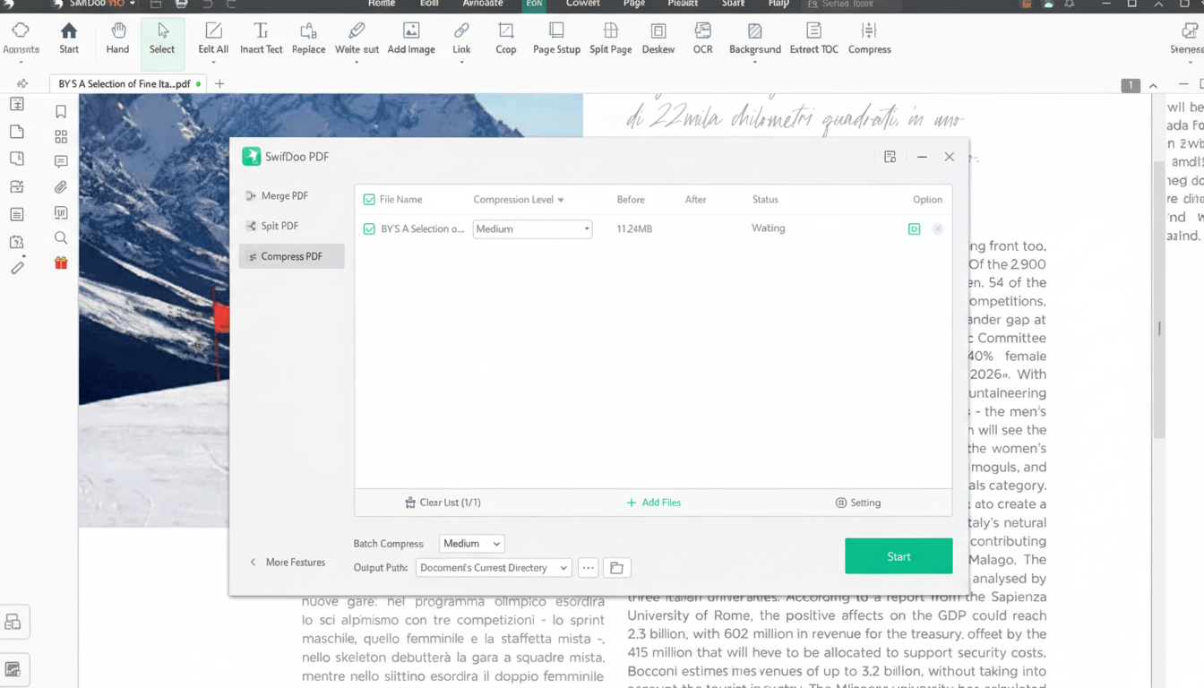 A screenshot of the SwifDoo PDF application showing a Compress PDF dialog box open over a PDF document. The dialog box is set to compress a file named BYS A Selection of Fine Ita.pdf at a medium compression level.