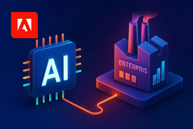 A professional 16:9 image showing an AI chip connected to an ENTERPR IS factory, with the Adobe logo in the top left corner .