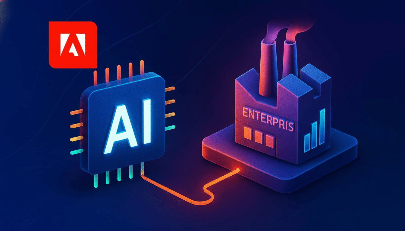 A professional 16:9 image showing an AI chip connected to an ENTERPR IS factory, with the Adobe logo in the top left corner .
