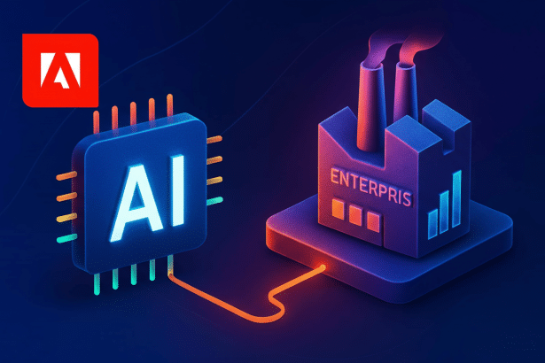 An illustration showing an AI chip connected to an ENTER PR IS factory building , with the Adobe logo in the top left corner, set against a dark blue background.