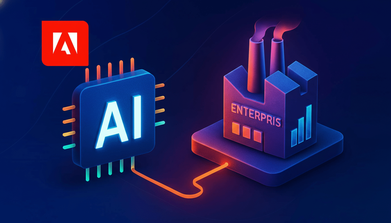 An illustration showing an AI chip connected to an ENTER PR IS factory building , with the Adobe logo in the top left corner, set against a dark blue background.
