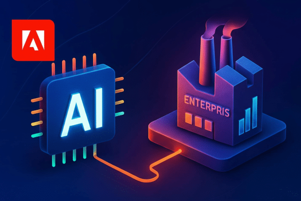 An illustration depicting an AI chip connected to an enterprise building , symbolizing AI powering business , with the Adobe logo in the top left corner. Filename : aienterprise adobe 1 69. png