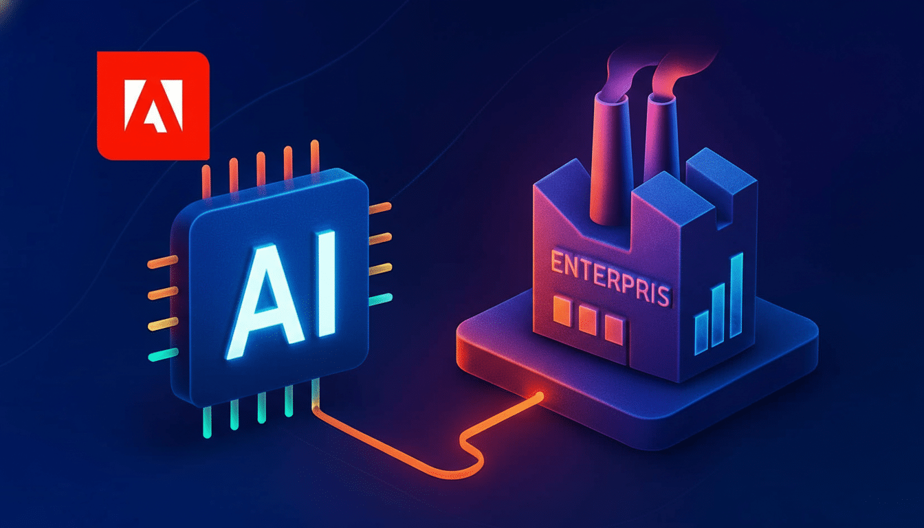 An illustration depicting an AI chip connected to an enterprise building , symbolizing AI powering business , with the Adobe logo in the top left corner. Filename : aienterprise adobe 1 69. png