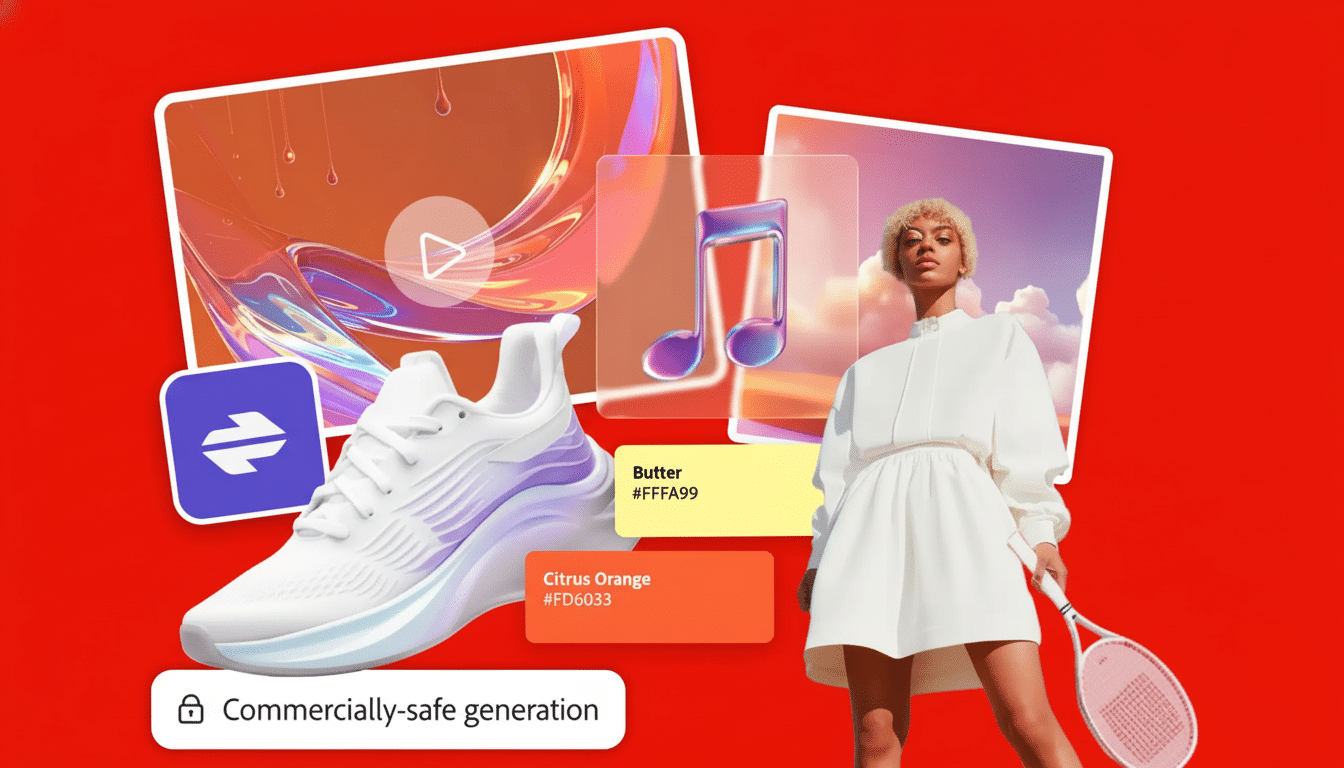 A professional ad layout featuring a white sneaker with purple accents, a person in a white dress holding a tennis racket, a media player interface , a musical note icon , color sw atches for Butter and Citrus Orange , and a  Commercially- safe generation label , all set against a vibrant red background. Filename : professional adlayout . png