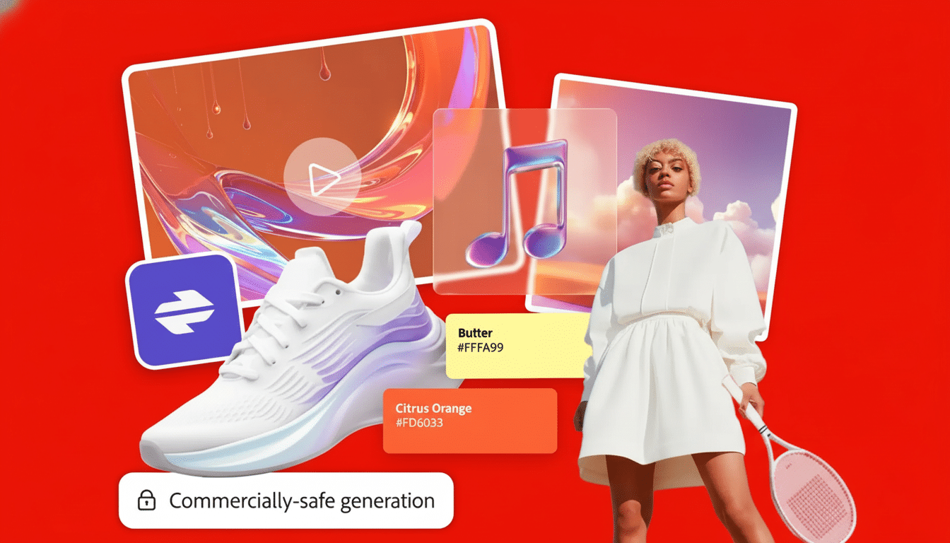 An image featuring a white athletic shoe, a tennis player, a music note icon , a video player , color sw atches for Butter  and Cit rus Orange, a purple double arrow icon, and a  Commercially- safe generation label , all arranged on a vibrant red background.