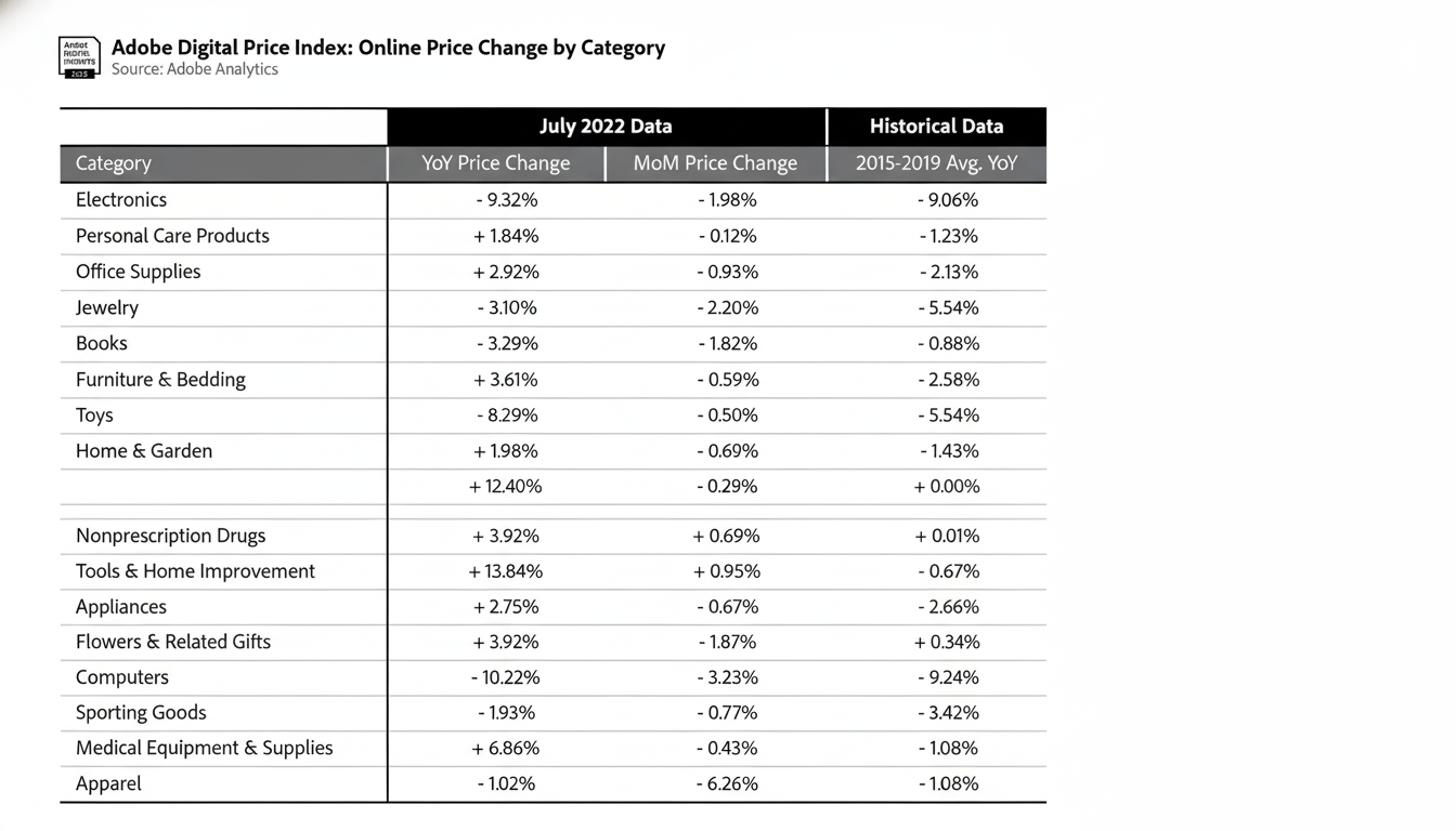 A table showing the Adobe Digital Price Index for July 2022, with year-over-year and month-over-month price changes for various categories, alongside historical data.