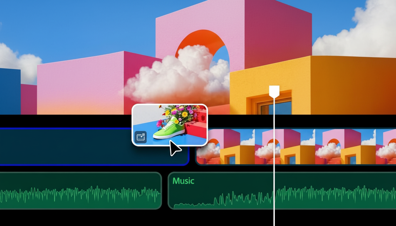 A video editing interface showing a timeline with video clips and audio tracks. A cursor is hovering over a thumbnail of a green shoe with flowers, set against a colorful, abstract background with clouds and geometric shapes.