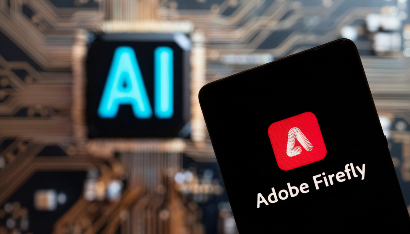 A smartphone displaying the Adobe Firefly logo and text, with a blurred background showing a glowing AI text on a circuit board.