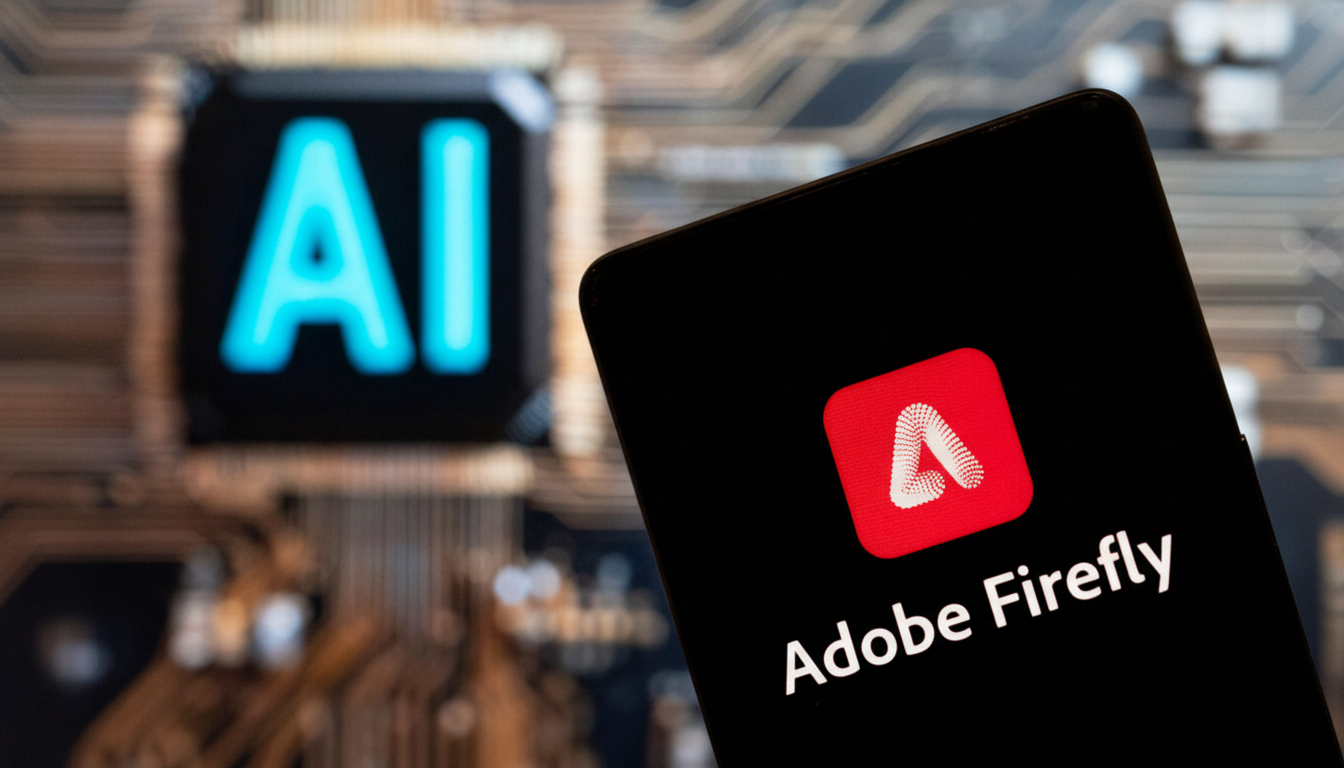 A smartphone displaying the Adobe Firefly logo and text is held in front of a blurred background with a glowing AI text.