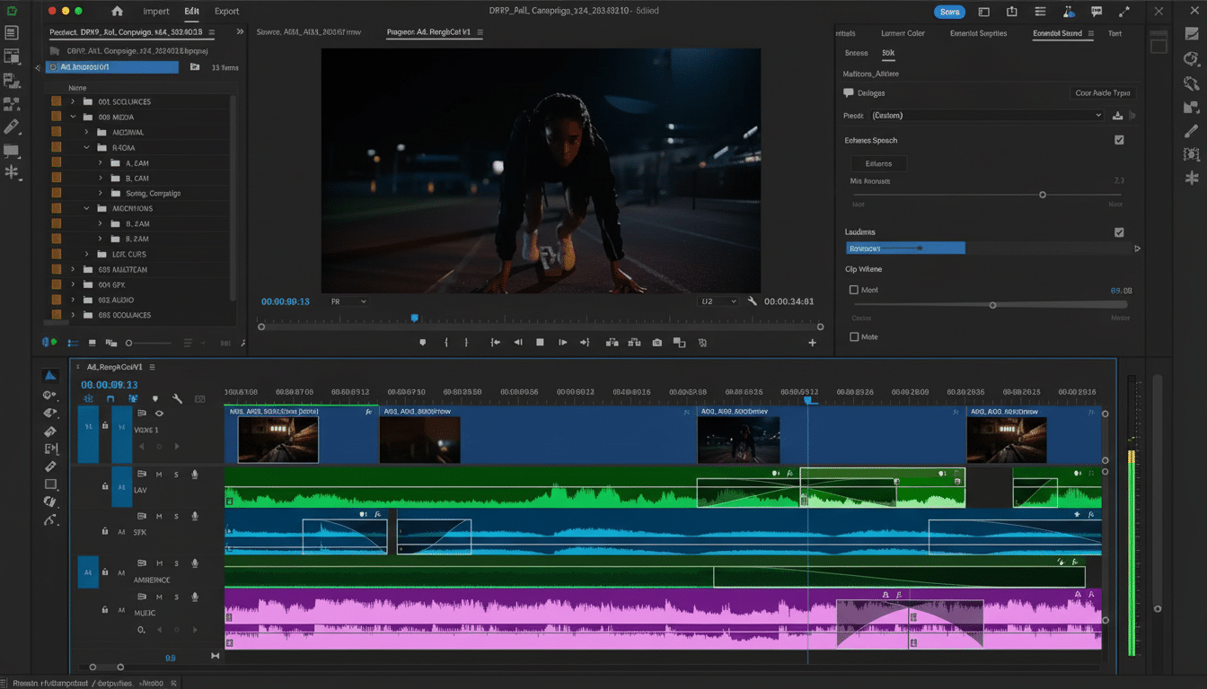 Screenshot of Adobe Premiere Pro interface with a video of a female athlete on a running track.