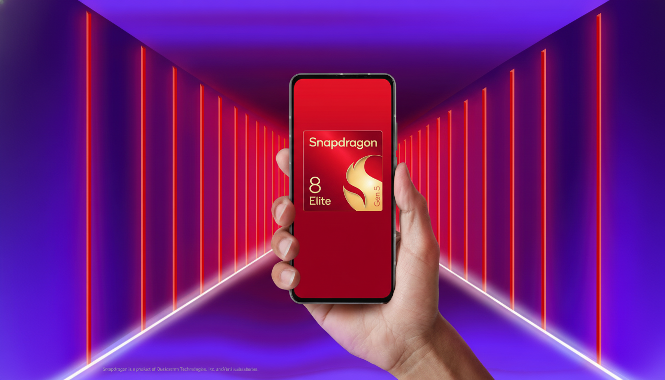 A hand holding a smartphone displaying the Snapdragon 8 Elite Gen 5 logo, set against a background of glowing red vertical lines and a purple gradient.