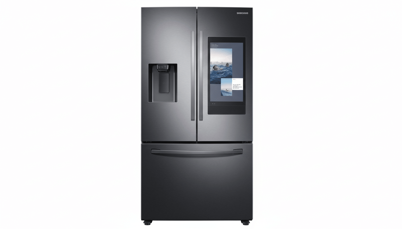 A professional , enhanced image of a black Samsung smart refrigerator with a digital display, resized to a 1 6:9 aspect ratio, maintaining its original white background. Filename : samsungsmart refrigerator 169 . png