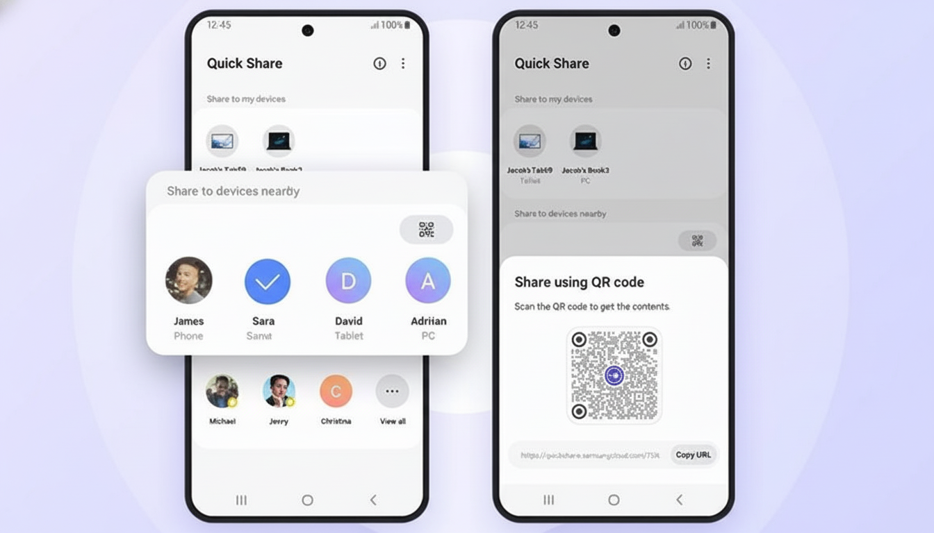 A 16:9 aspect ratio image showing two smartphones displaying the Quick Share feature. The left phone shows a pop-up for sharing to nearby devices with contact icons, and the right phone shows a QR code for sharing content. The background has been subtly enhanced with a soft, professional gradient.