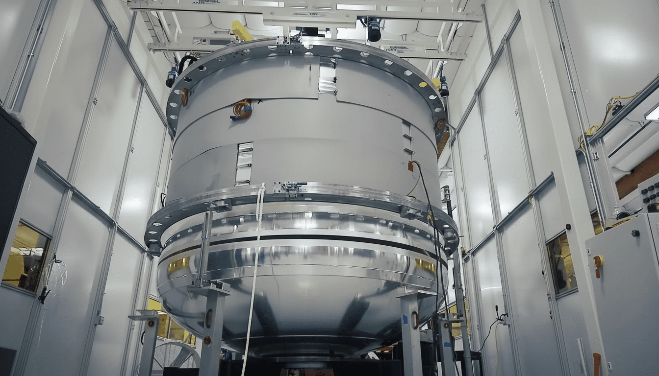 A large , cylindrical, metallic object with various wires and fixtures , likely part of a satellite or aerospace component , in a clean room environment. Filename : aerospace componentclean room.png