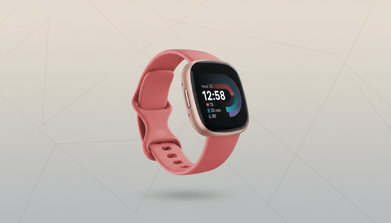 alt text= A rose gold Fitbit Sense 2 smartwatch with a peach-colored band , displaying the time a