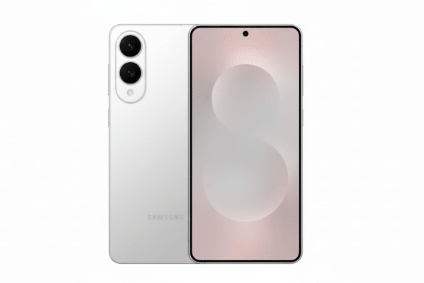 A professional image of a white Samsung smartphone with a 16:9 aspect ratio, showcasing the front display and the rear camera setup.