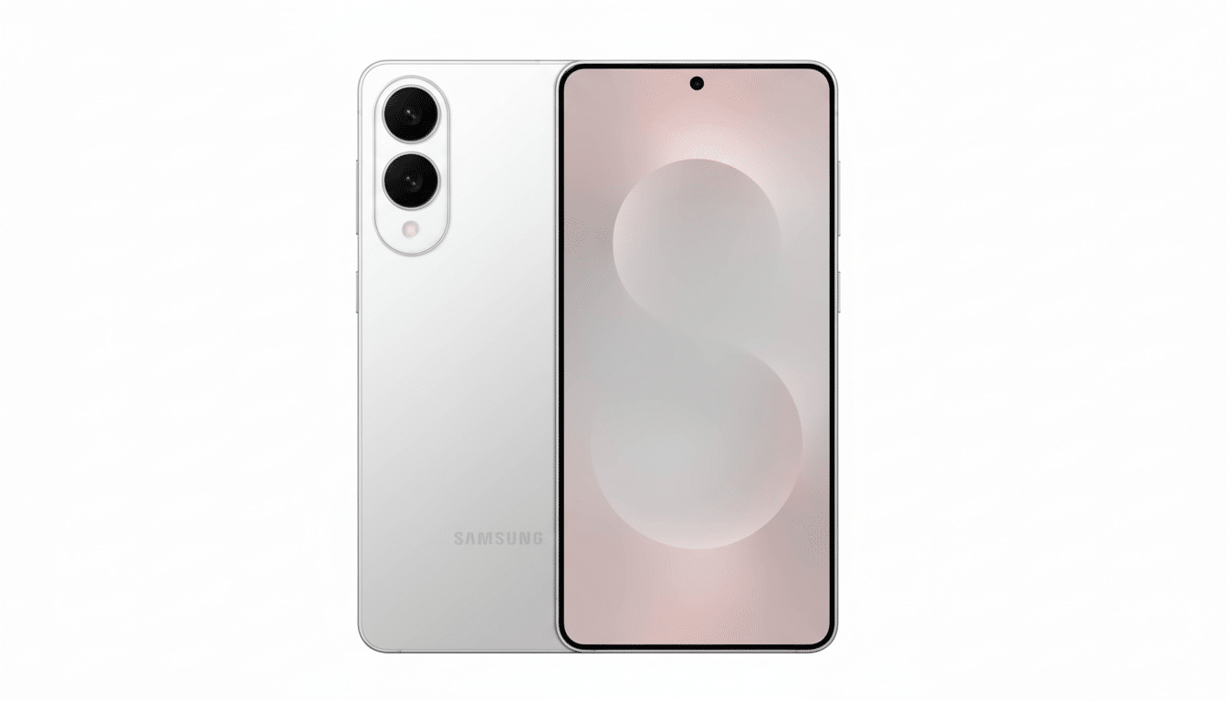 A professional image of a white Samsung smartphone with a 16:9 aspect ratio, showcasing the front display and the rear camera setup.