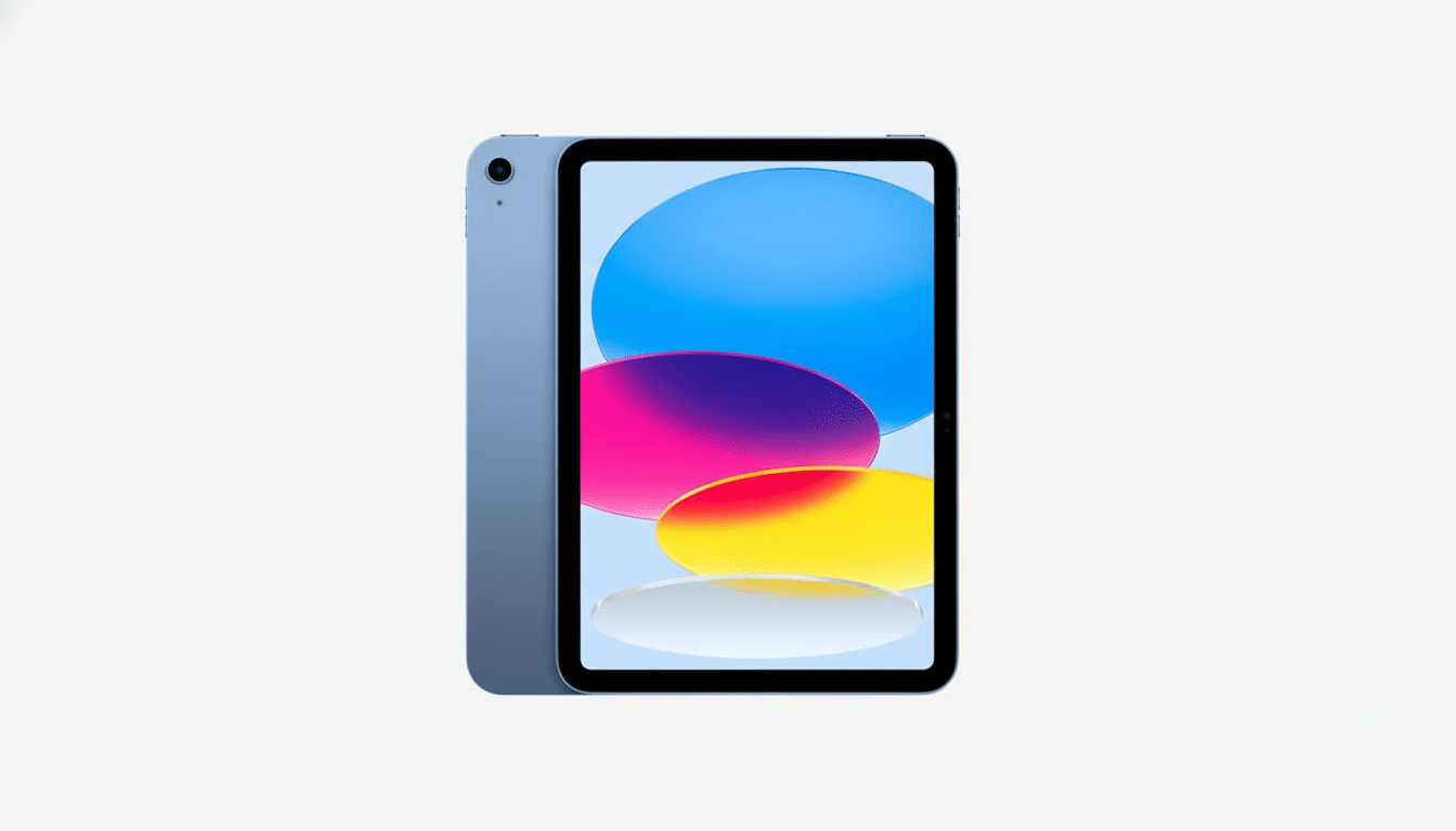 A blue iPad with a colorful screen display against a plain white background, resized to a 16: 9 aspect ratio.