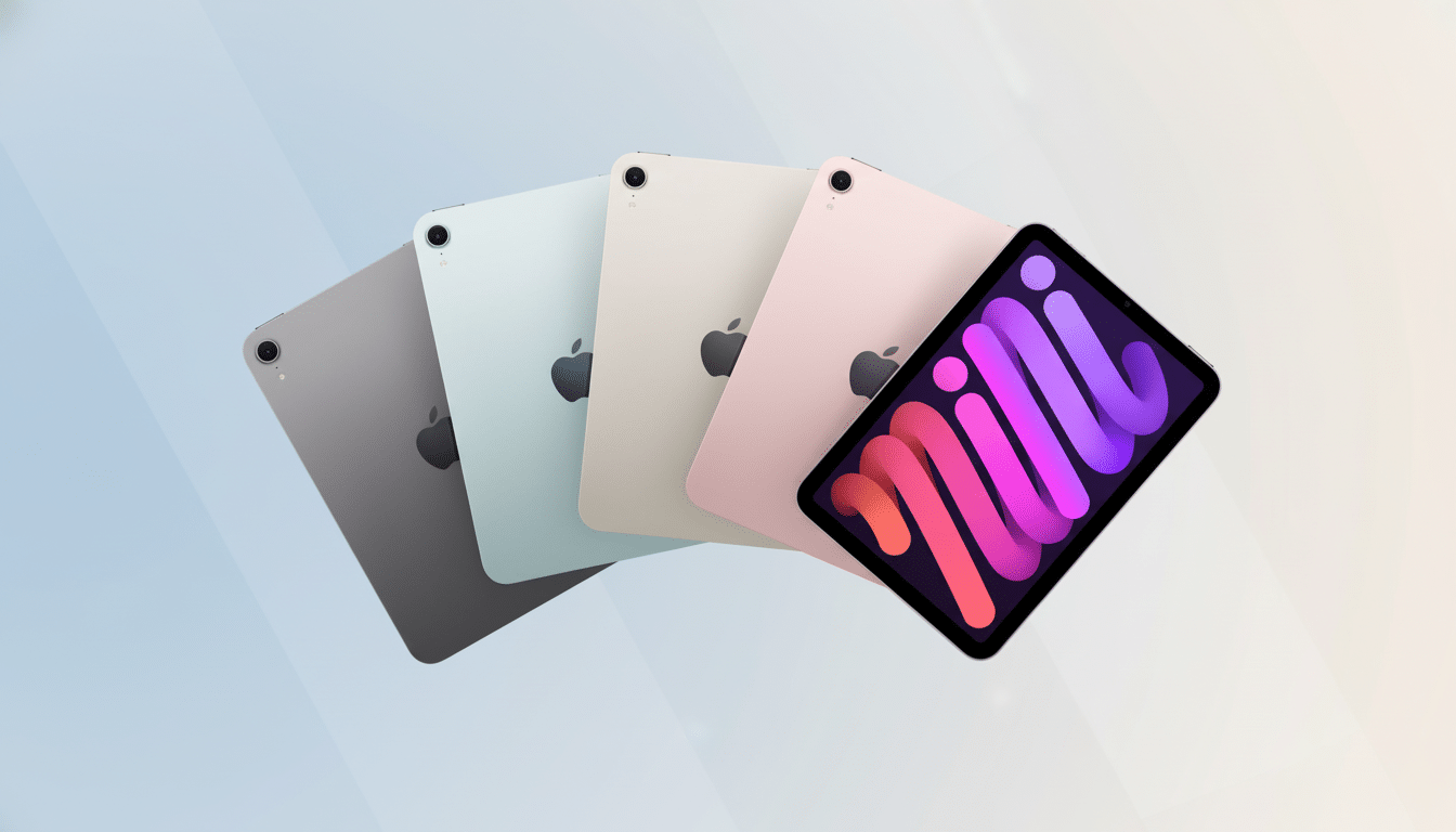 Four iPad Minis in different colors ( space gray, light blue , gold , and pink ) with a fifth iPad Mini displaying a colorful icon pattern in the foreground. The background is a soft blue and orange gradient.