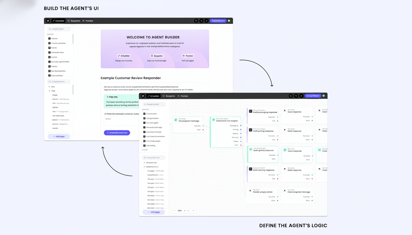 Screenshot of the Agent Builder UI, showcasing different modules and workflows for building AI agents, including UI builder, blueprints, and preview s