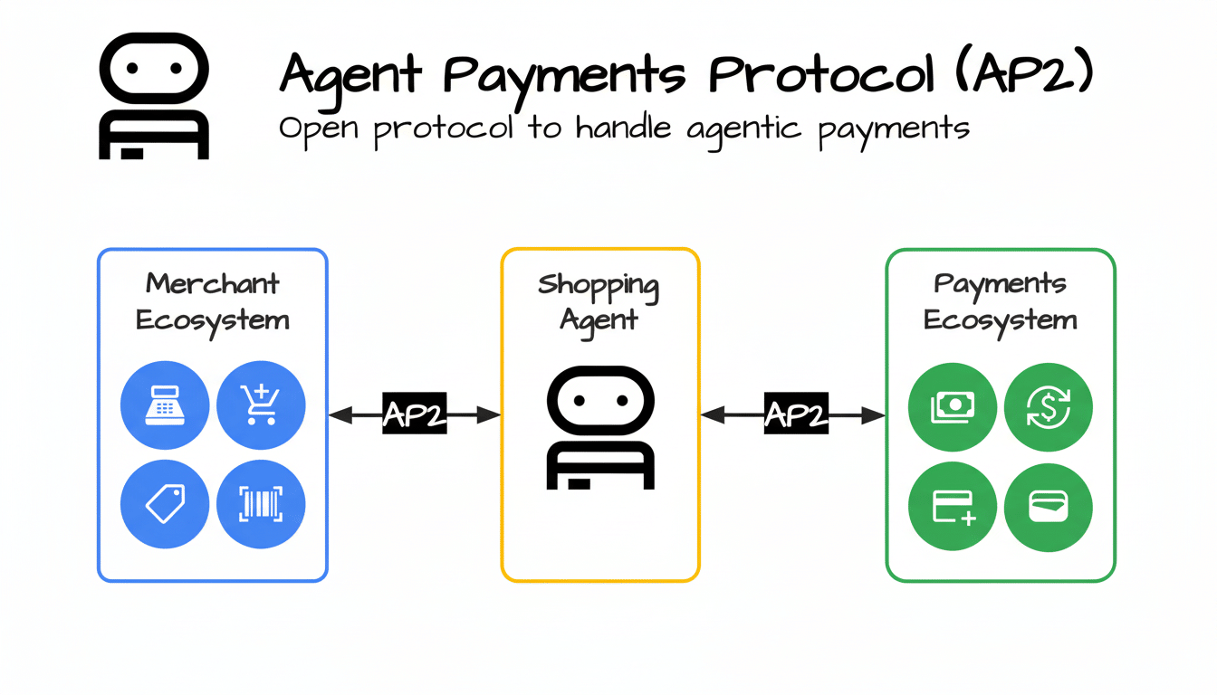 Diagram illustrating the Agent Payments Protocol (AP2) with three ecosystems: Merchant, Shopping Agent, and Payments.