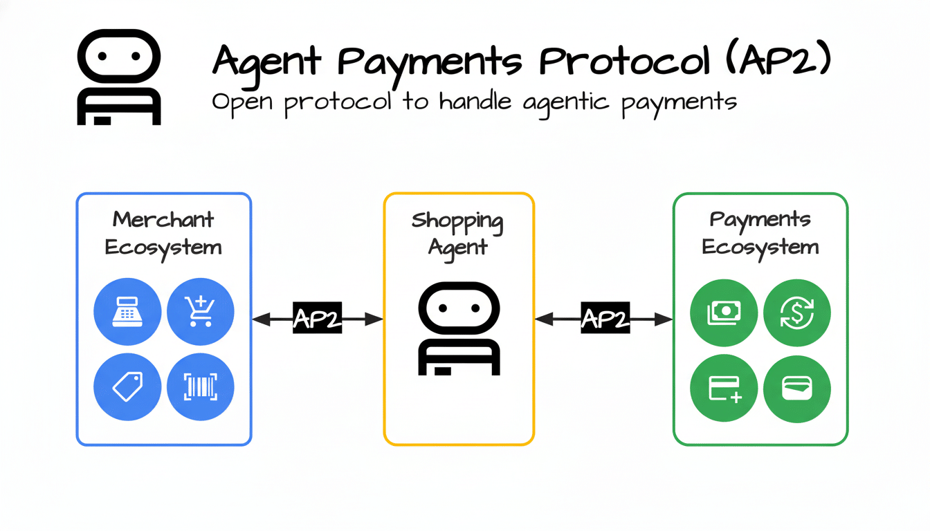 Diagram illustrating the Agent Payments Protocol (AP2) with three main components: Merchant Ecosystem, Shopping Agent, and Payments Ecosystem. Arrows