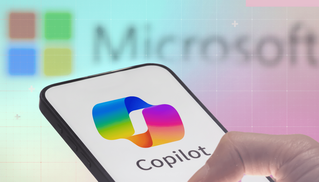 A hand holding a smartphone displaying the Microsoft Cop ilot logo with a blurred Microsoft logo in the background.