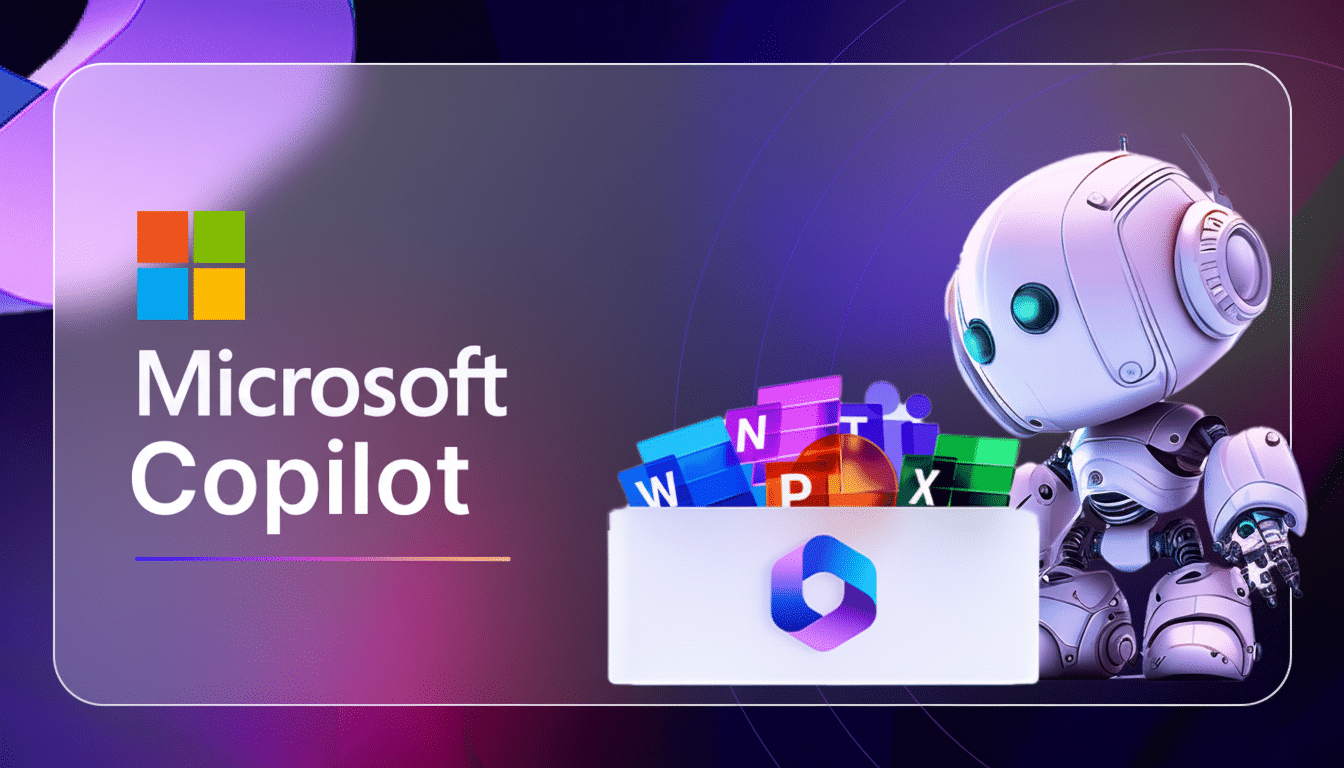 Microsoft Cop ilot logo with a robotic figure and various software icons, presented in a 16: 9 aspect ratio.