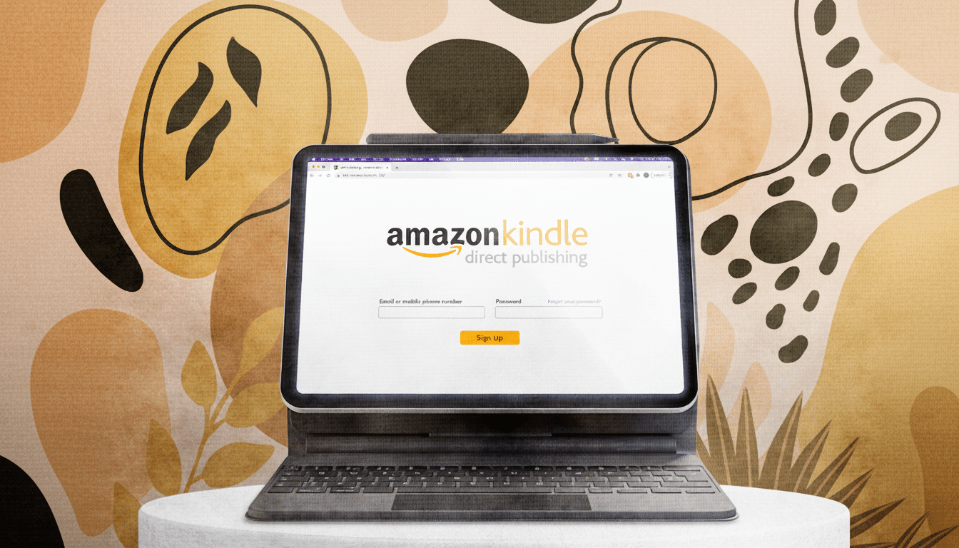 An iPad displaying the Amazon Kindle Direct Publishing login page, set against a background with abstract, organic shapes.